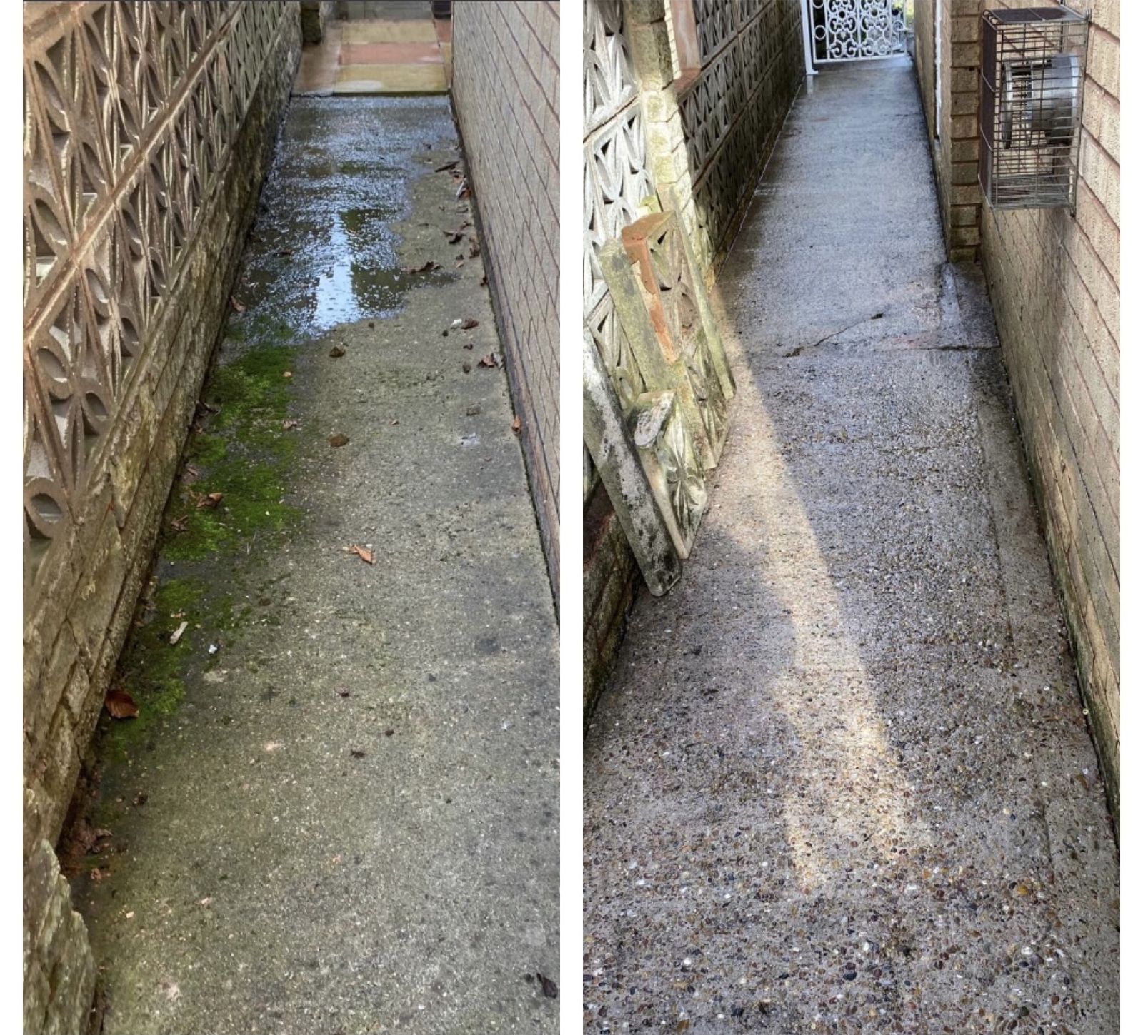 An alley path shown side by side, before and after pressure washing